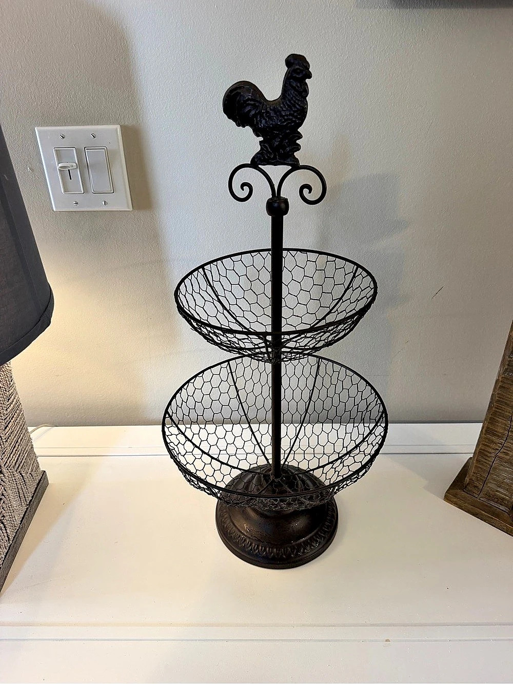 Two-Tier Rooster Basket Stand in Brown